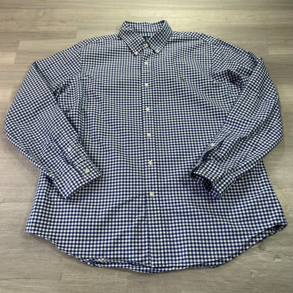Ralph Lauren Mens XL Blue Gingham Check Long Sleeve Button Down Cotton Shirt